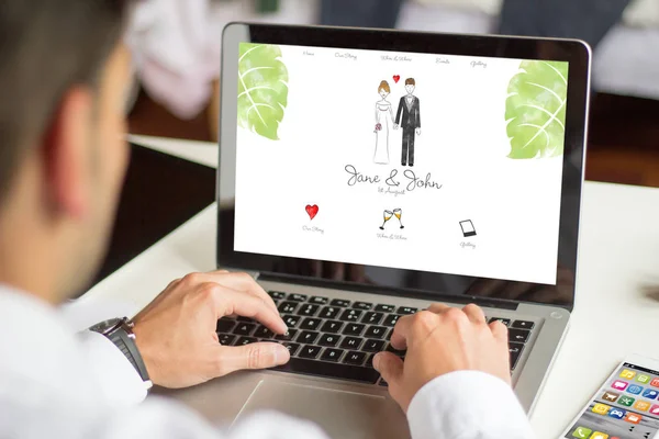 Business Man Browsing Wedding Website Laptop All Screen Graphics Made — стоковое фото