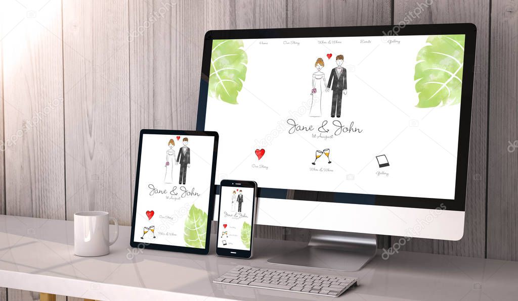 Digital generated devices on desktop, responsive wedding website design on screen. All screen graphics are made up. 3d rendering.