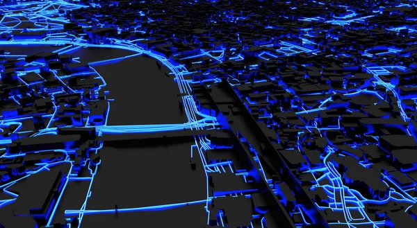 3d rendering of smart city with neon roads