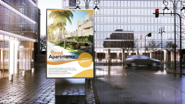 Emlak reklam billboard mockup şehir şehir üzerinde. 3D render.