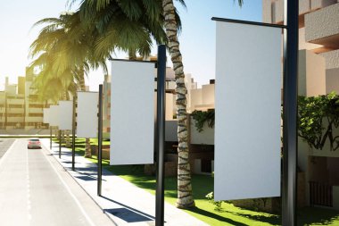 Beyaz Reklam bayrakları Caddesi üzerinde 3D render