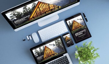 mavi cihazlar görünümü mimar Web sitesi 3B oluşturma top. 