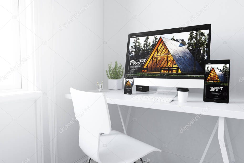 3d rendering of devices on desktop. architect website home on screens.
