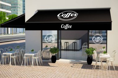 Modern café cephe, 3d render sahte