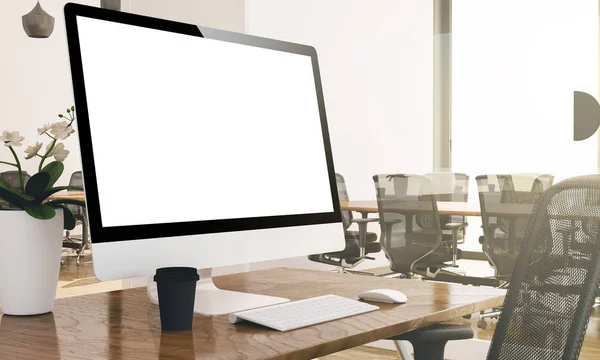 Computer Mit Weißem Bildschirm Büro — Stockfoto