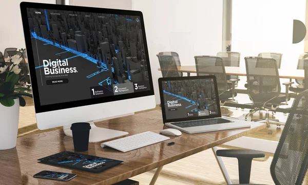 近代的なオフィス レンダリング表示デジタル ビジネスの Web サイトでデバイス — ストック写真