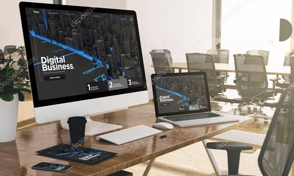 devices at modern office 3d rendering showing digital business website 