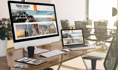 modern ofis 3d render duyarlı gösterilen aygıtlar web sitesi seyahat