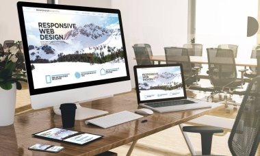 cihazları modern ofis 3d render gösteren duyarlı web tasarım Web sitesi