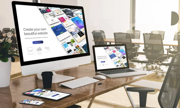 Devices Modern Office Rendering Showing Responsive Builder Website — Stock Photo, Image