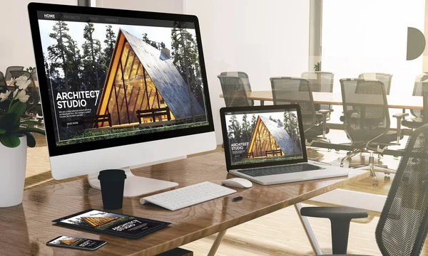 Dispositivos Oficina Moderna Renderizado Que Muestra Sitio Web Arquitectura — Foto de Stock