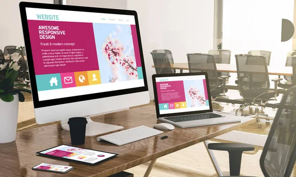 近代的なオフィスの レンダリング表示新鮮なデザインのウェブサイトでのデバイス — ストック写真