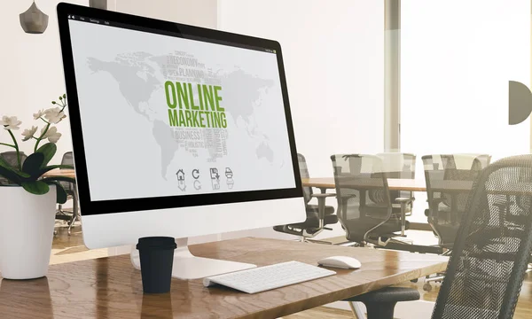 Számítógép Val Online Marketing Képernyőn Üzleti Iroda — Stock Fotó