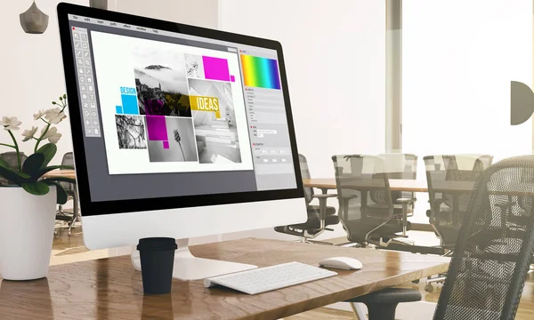 Počítač Obrazovkou Obchodní Kanceláři Návrhu Software — Stock fotografie