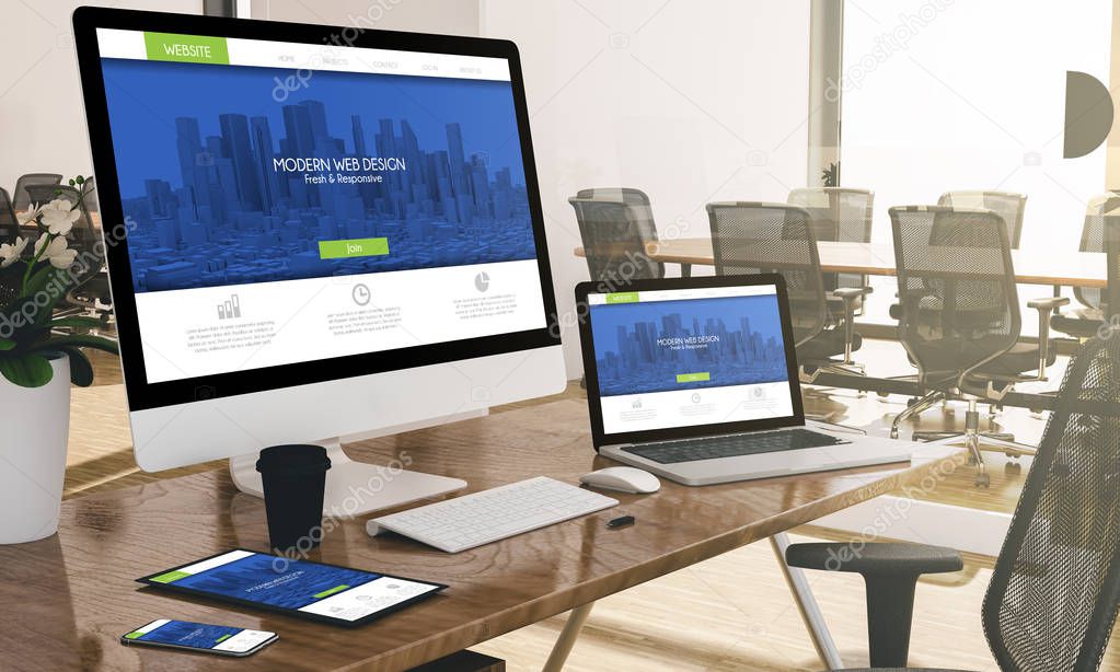 devices at modern office 3d rendering showing fresh modern design website