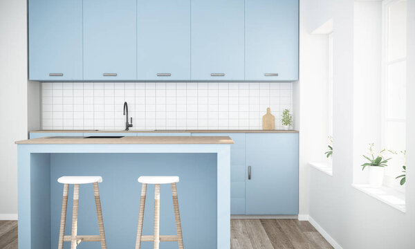 blue modern minimal kitchen, 3d rendering