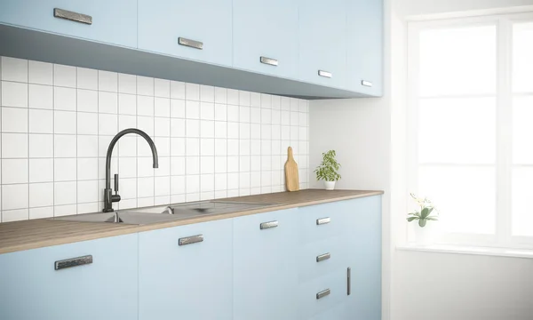blue modern minimal kitchen, 3d rendering