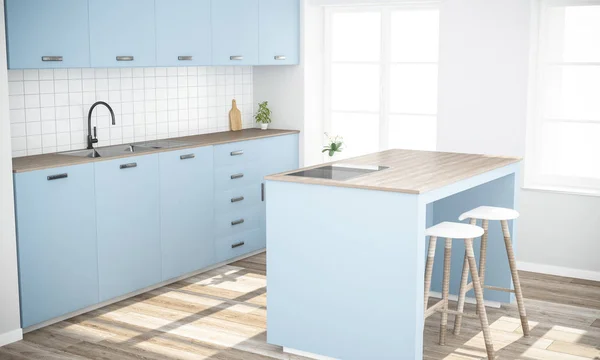 Cucina Minimale Moderna Blu Rendering — Foto Stock