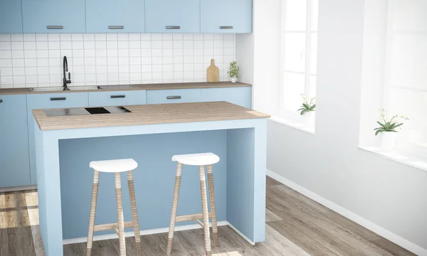 blue modern minimal kitchen, 3d rendering