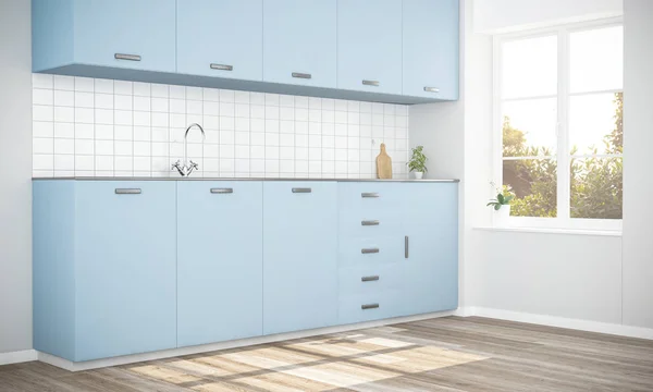 blue modern minimal kitchen, 3d rendering