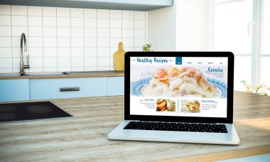 sağlıklı yemek tarifleri Web sitesinde mutfak, 3d render ekranında ile dizüstü bilgisayar