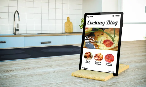 tablet pc mockup with cooking blog recipes website on screen on island at kitchen, 3d rendering