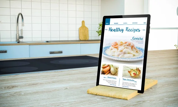 tablet pc mockup with healthy recipes website on screen on cooking island at kitchen, 3d rendering