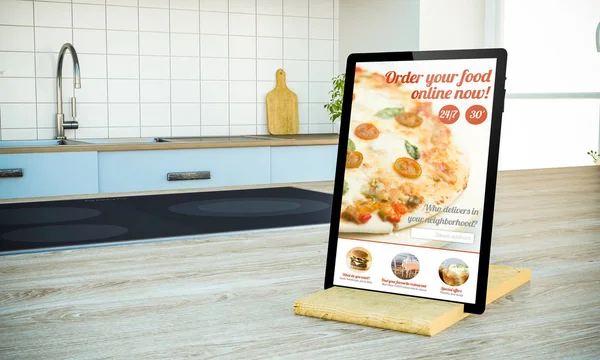 tablet pc mockup with order food online website on screen on cooking island at kitchen, 3d rendering