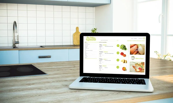 笔记本电脑与在线超市网站在屏幕上的厨房 — 图库照片