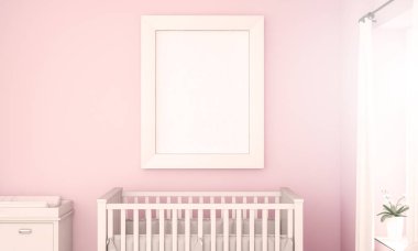 beyaz bir çerçeve mockup pembe bebek odası duvar, 3d render
