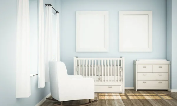 Dois Quadros Brancos Mockup Quarto Bebê Azul Renderização — Fotografia de Stock