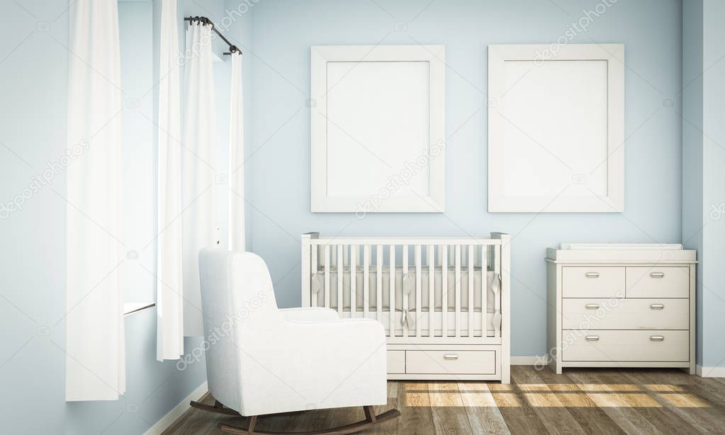 two white frames mockup on blue baby room, 3d rendering