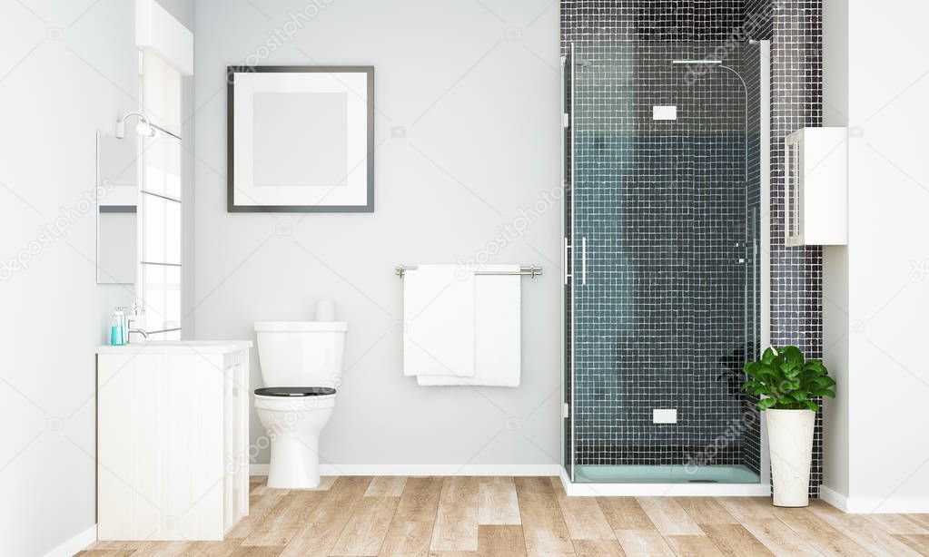 minimal grey bathroom with blank frame mockup 3d rendering