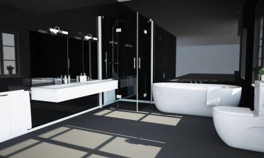 yansıtıcı duvarlar 3d render ile siyah banyo