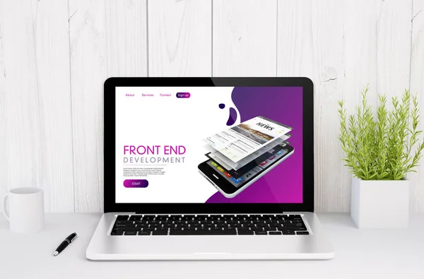 Rendering Laptop Dengan Layar Desain Website Front End Atas Meja — Stok Foto