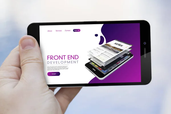 Męskiej Ręki Trzymającej Przedni Koniec Rozwoju Witryny Ekranie Smartfonu — Zdjęcie stockowe