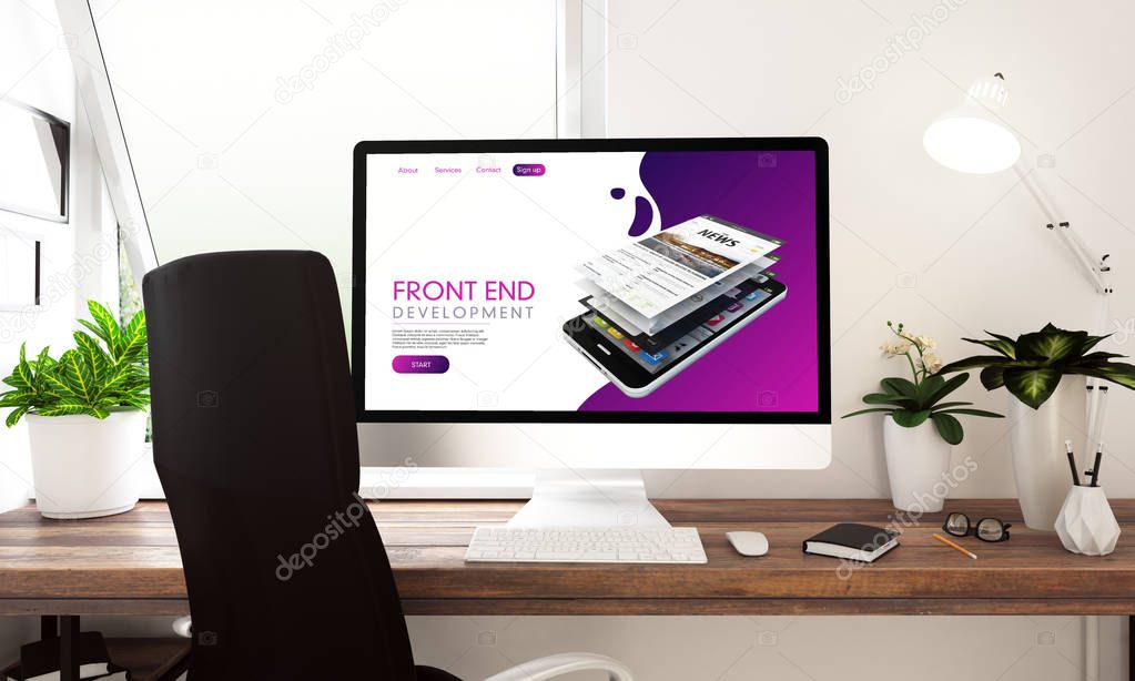 Computer with front end website on table 3d rendering
