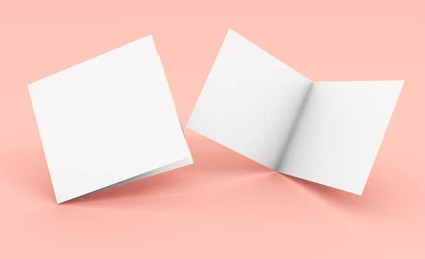 Folheto Bifold Quadrado Branco Fundo Rosa Renderização — Fotografia de Stock