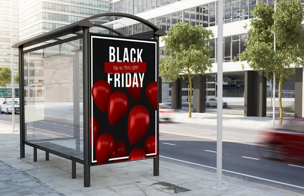 Autobusová Zastávka Černý Pátek Billboard Ulici Vykreslování — Stock fotografie