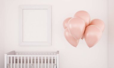 Balonlar ve bebek odası 3d render üzerinde beyaz bir çerçeve