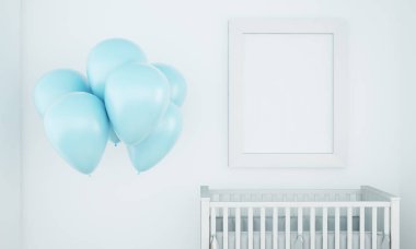 Balonlar ve bebek odası 3d render üzerinde beyaz bir çerçeve