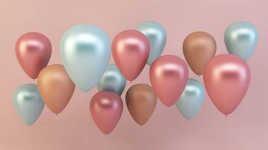 pembe, altın ve mavi balonlar 3d render