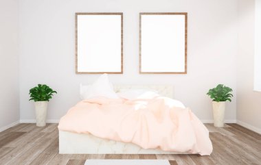İki çerçeve mockup yatak 3d render üzerinde