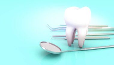 Diş ve diş ekipman 3d render mavi zemin üzerine