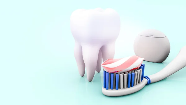 刷和牙线上的蓝色3D 牙科护理概念 — 图库照片
