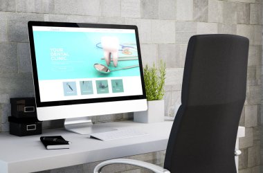 Endüstriyel çalışma diş kliniği Web sitesi bilgisayar ekranında gösterilen 3D render