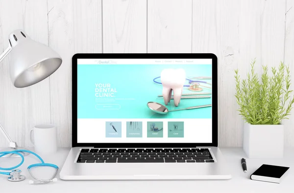 Rendering Des Medizinischen Desktops Mit Zahnklinik Website Auf Dem Bildschirm — Stockfoto