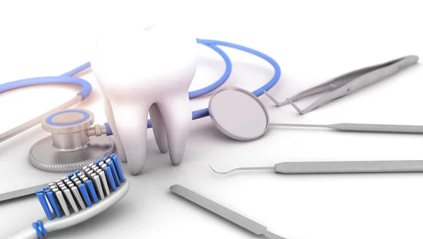 牙和白色背景上的牙科设备 — 图库照片