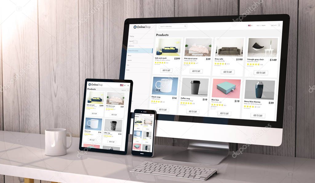 Digital generated devices on desktop, responsive online shop on screen