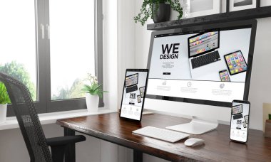 Siyah ve beyaz Masaüstü uygulama Tasarımcısı Web sitesi gösterilen üç cihazlar ile 